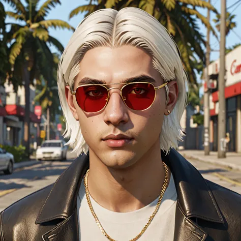 A teenager with red eyes and white hair, Transparent “cartier tiger” gold lenses , gta style, HD portrait