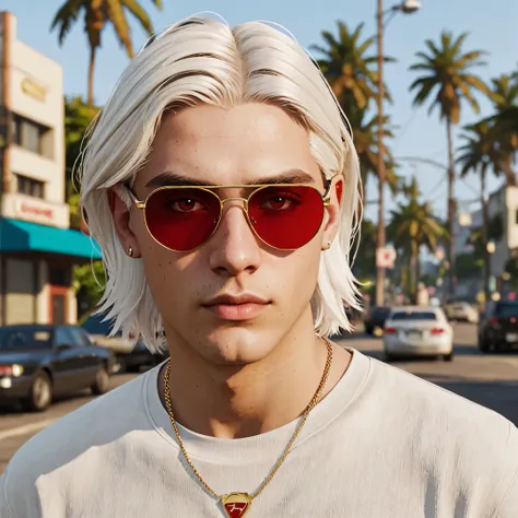 A teenager with red eyes and white hair, Cartier gold lenses, gta style, HD portrait