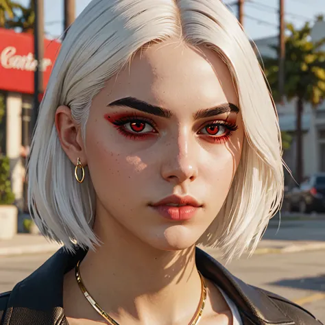 A teenager with red eyes and white hair, Cartier gold lenses, line on the eyebrow,gta style, HD portrait