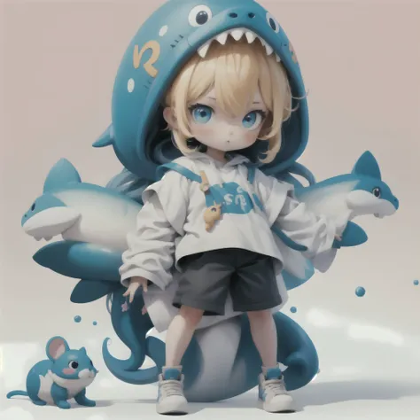 HEZI, 3D, Bubble Mart, Rich color , Q version, 1girl,  shorts,  shoes, solo, has, rimless, T-shirt、full body, child, blush, standing, Blonde, mouse, female child, Blonde,  chibi, with her mouth closed, white T-shirt, sneakers, Long Hair, hair ornaments,   ...