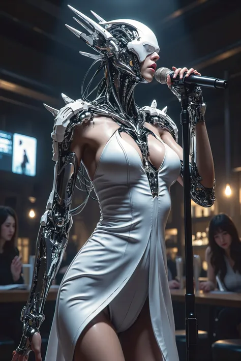Ishikawa Ren ,Bar Singer,  Graceful white dress , A human being made half of a machine, White Machine, sing with a microphone, big breast