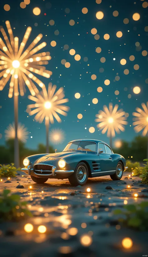 high quality realistic 3d rendering,precise texture,Sparkling night view,Deep Colors,sophisticated composition,Charming Atmosphere,Delicate Details,Exquisite Bokeh ,masterpieces,car,Lots of fireworks
