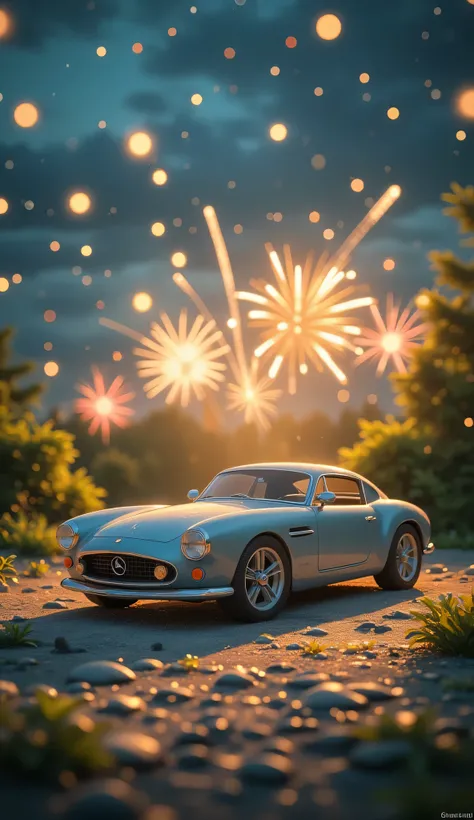 high quality realistic 3d rendering,precise texture,Sparkling night view,Deep Colors,sophisticated composition,Charming Atmosphere,Delicate Details,Exquisite Bokeh ,masterpieces,car,Lots of fireworks