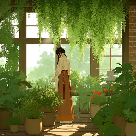 ar311,a serene indoor garden scene. A beautiful asian woman, dressed in a traditional outfit consisting of a light-colored top and a long brown skirt, is tending to a variety of lush green plants. The garden is enclosed by a wooden structure with large win...