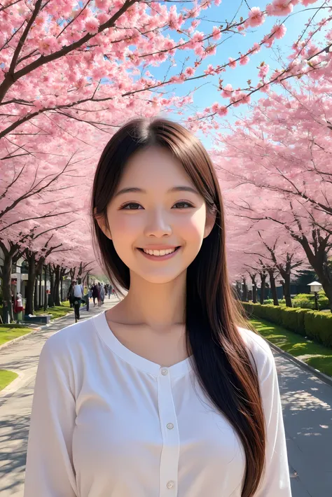 cute japanese college girl,upper body,Smile,Looks fun,natural light,Outdoors,cherry tree,spring,4K,brightly colored,High Quality,HDR,Realistic,Seimitsu,portrait