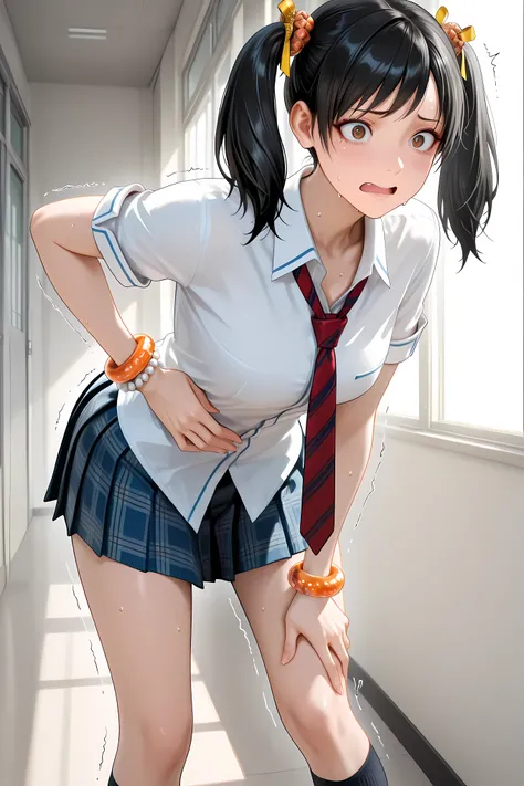 ling xiaoyu, black hair, twintails, yellow hair ribbon, orange hair tie, bangs, brown eyes, school uniform, white shirt, collared shirt, short sleeves, sleeves rolled up, red necktie, striped necktie, untucked shirt, blue skirt, plaid skirt, pleated skirt,...