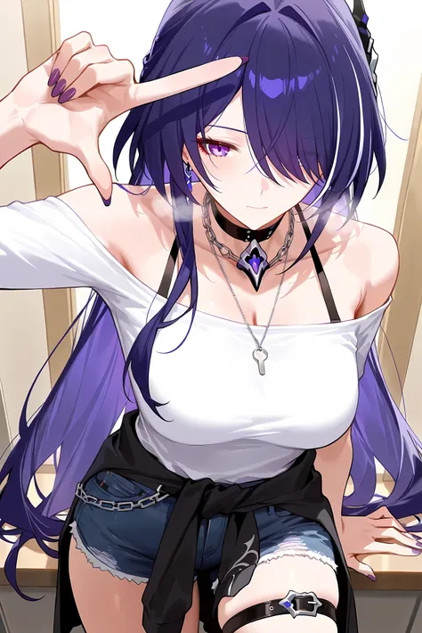 score_9, score_8_up, score_7_up, masterpiece, best quality, very aesthetic, absurdres, tunning image, attractive image, 1girl, adult grown woman, acheron (honkai: star rail), purple hair, hair over one eye, long hair, purple eyes, medium breasts, closed mo...