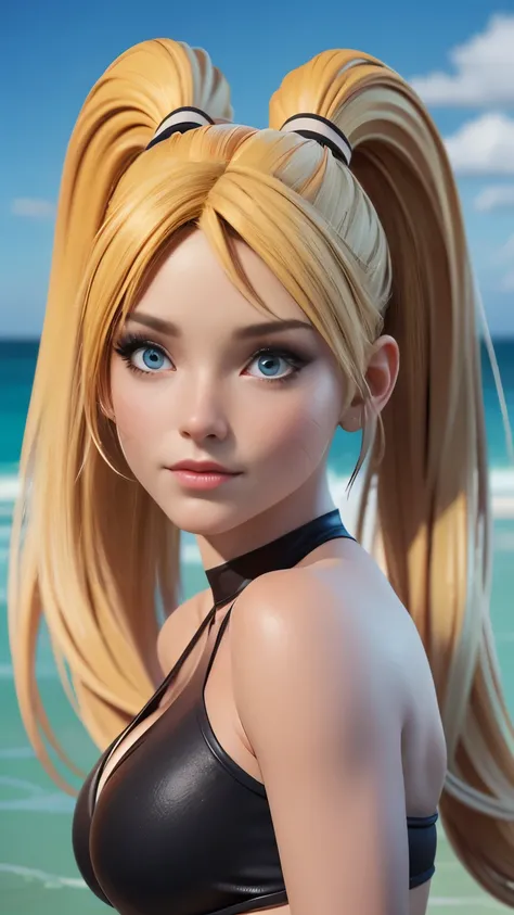 RAW digital art, ultra-realistic 3D render of a stunning woman resembling Naruko from Naruto, ((highly detailed face:1.3)), (flawless skin texture, naruto facial whisker makeup, very long blonde pigtails: 1.2), expressive eyes with subtle reflections, soft...