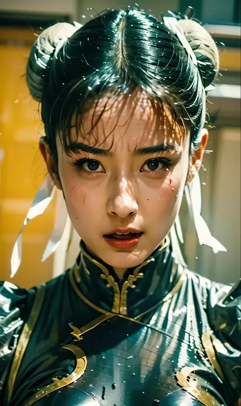 cool, Decisive Pose, focus on face, Chun Li, Serious Expression, sweat, hyper real, photo real, Transparency,