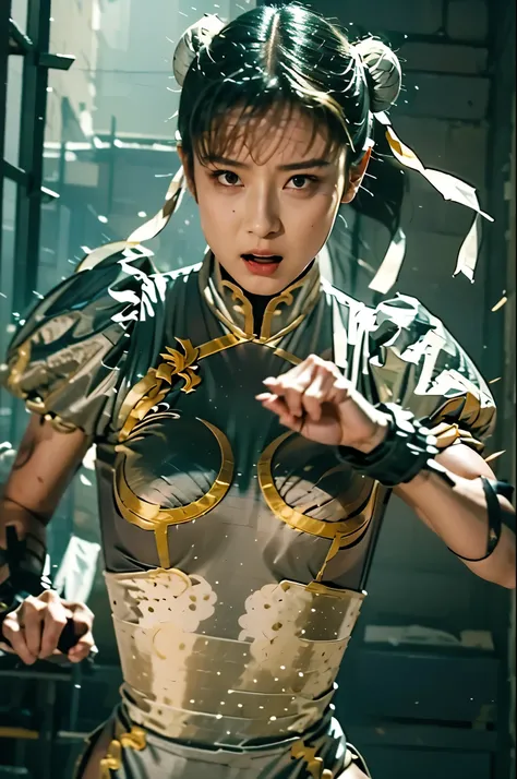 A bold and powerful kick(Dynamic, Leo Chira), cool, Serious Expression, hyper real, photo real, Chun Li (silver costume), high image quality, 8K, costume and draw the details of the body and face accurately, action scene,