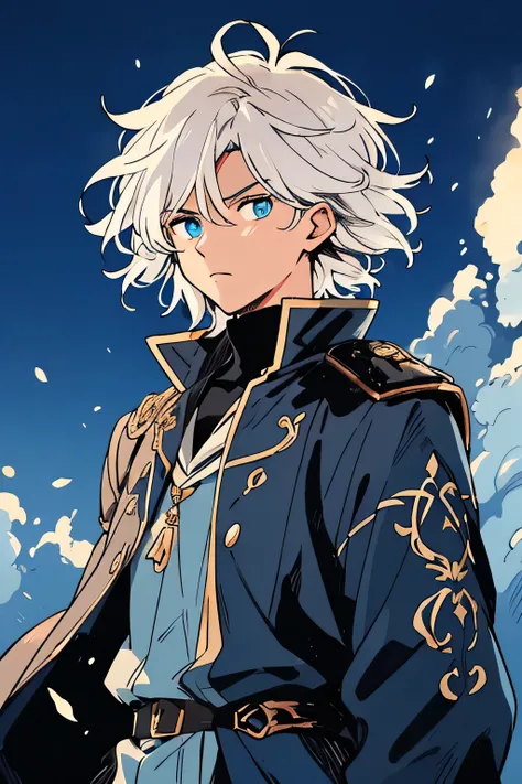 from front, anime man, 1male, solo, Look at viewers, light skin, white hair, short hair, blue fantasy clothes, Dramatic lighting, Cinematic, 4K quality, fantasy world, protagonist aura, anime, light blue eyes, looking at viewer, (masterpiece, best quality,...