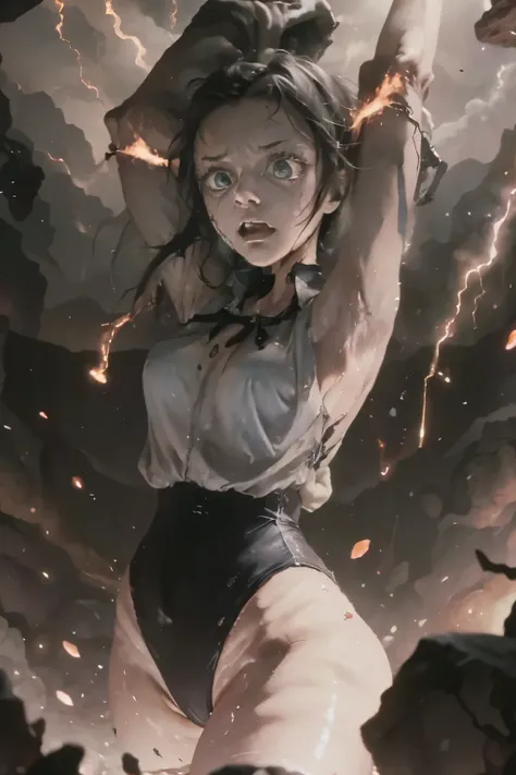 masterpiece, Highest quality, masterpiece,Zombie Girl, Evil Dead, Dark Energy, empty, Hollow Eyes, (an extremely evil),Dead Girl、 black magic, Dark Forest, Negative Energy, hell, Corpse wearing a black gymnastics bloomers,high leg,self wedgie,white blouse、...