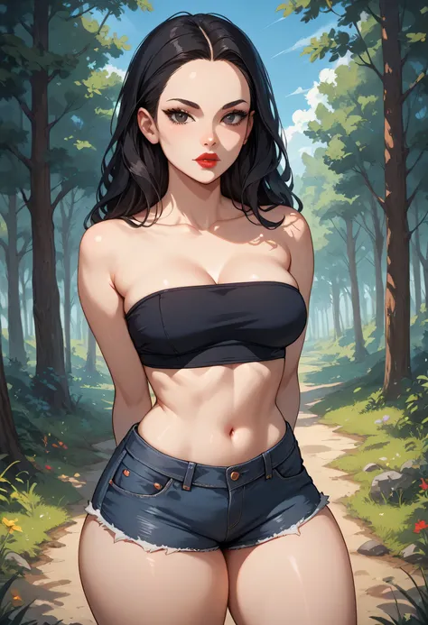 (Perfect Body), (Skin Tone), Black Hair, (Long Smooth Hair), ((Forehead)), Black Thin Eyebrows, Black Eyes, Thick Lips, Red Lips, Collarbone, Cleavage, (Medium Breasts), (Dark Blue Tube Top), Navel, (Thick Thighs:1.4), (Black Denim Jeans Short Shorts), Sta...