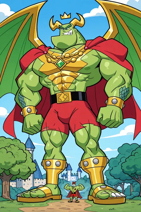 a green giant bad muscular weredragon with saturaded green emerald scales, gigantic chin, 2 gigantic golden, ruby, diamond and emerald wings, golden horns, sharp teeth, fangs, sharp claws, golden chest with colorful jewels, golden armor with colorful jewel...