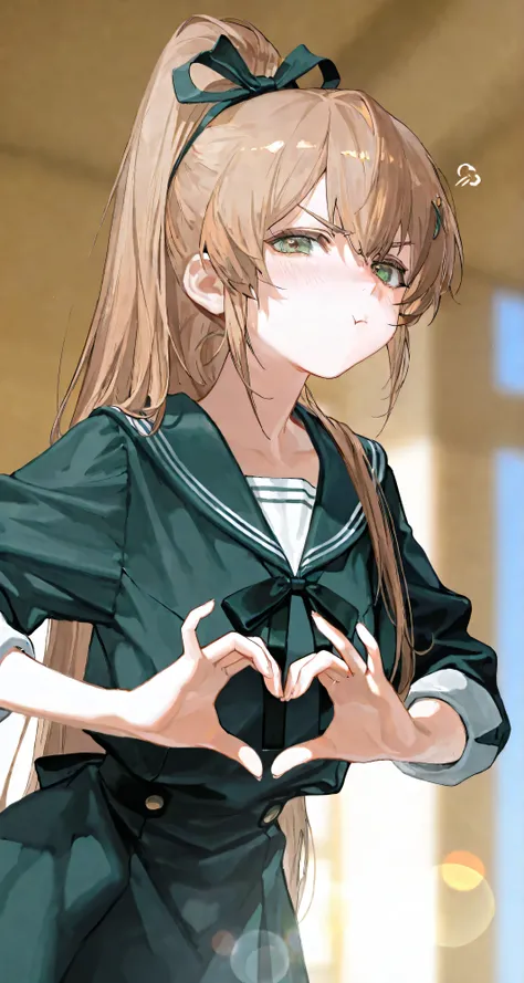 yiwujiu,,heart hands on breast,,,(green eyes,tareme,Annoyed,Grumpy,pouting),(light-brown hair,long hair,high ponytail:1.2,single ponytail),dark-green sailor dress with white stripe pattern,highres,absurdres,incredibly absurdres,very awa,masterpiece,best qu...