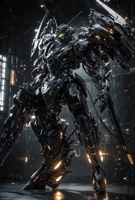 Gundam death size 、  hyperrealism art BJ  _ Japanese Anime 、 Mobile Suit Gundam , alone , green_eye , holding , weapons , holding_サイズweapons , gun , no _human , Shine , robot ,Mecha , flying , science_ fiction , Cinematic Light , strong contrast ,  high im...