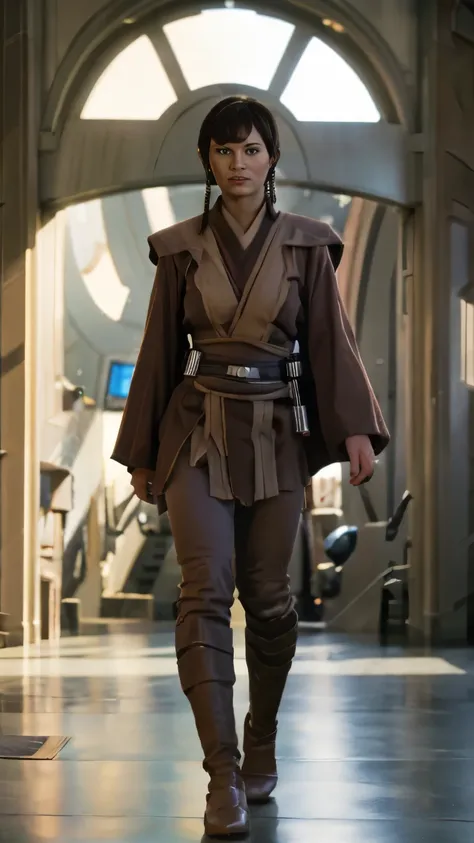 Jedi woman, darth revan, age29, Solo, Long hair, Looking at Viewer, dark hair, Brown eyes, walking in the jedi temple, Realistic,