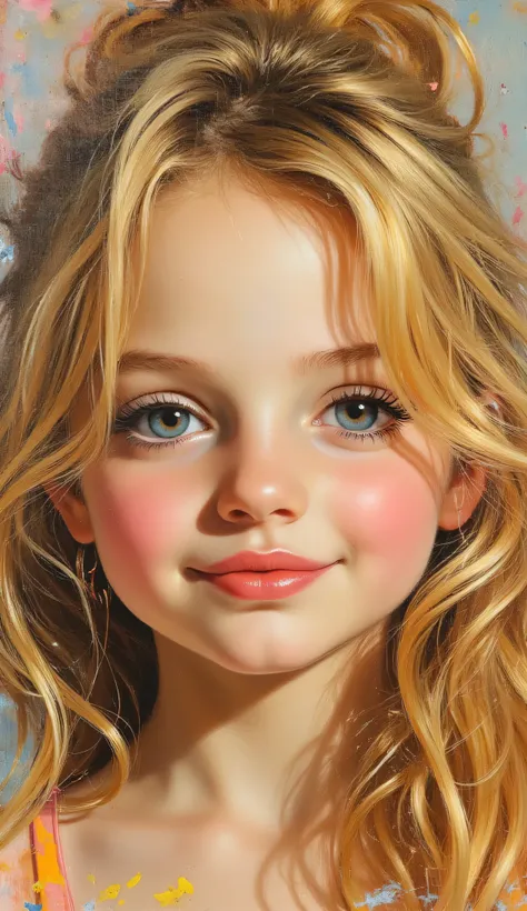 nicoletta ceccoli as cute young girl blushing face and tousled blonde hairs long-hairs, swimwear, blue-big-eyes, gorgeous face, happy smiles, масло на холсте，толстые штрихи，безумные детали，8K ультра HD， шедевр， Искусство