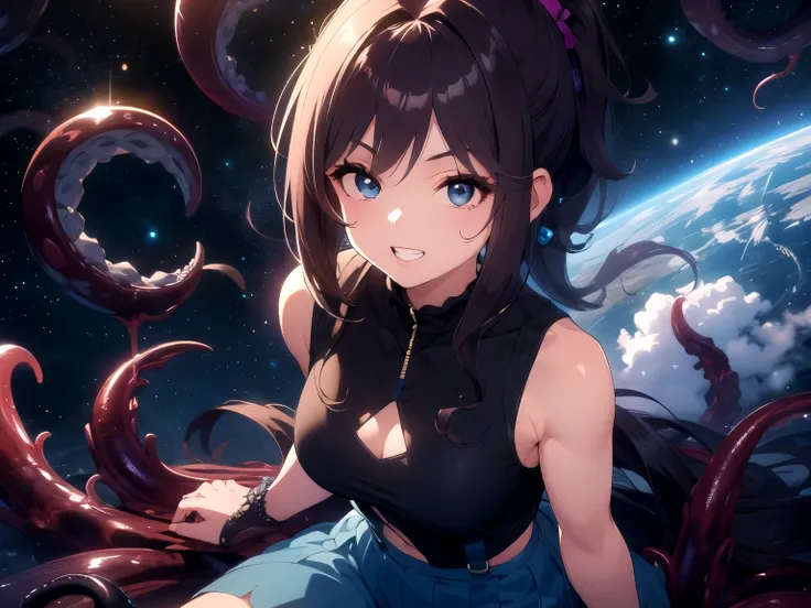 (Older Sister Character:1.5)(woman on top)(3DCG Artwork、upper body、Rimlight、brightly colored、Hide your hands with your tentacles、Hide your lower body with your tentacles:1.5)(dark space、The Purple Dungeon、Black Stone Wall:1.5)(Sit across thick tentacles、te...