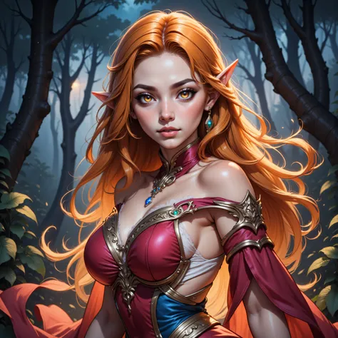 ,a picture of a female elf, fair skin, bright colored hair, long hair, wavy hair, flowing hair, sparkling fiery eyes, there are jewelry in her hair. wearing  silk dress, intricate dress, high heels, best quality, 16k, ultra detailed, masterpiece, best qual...