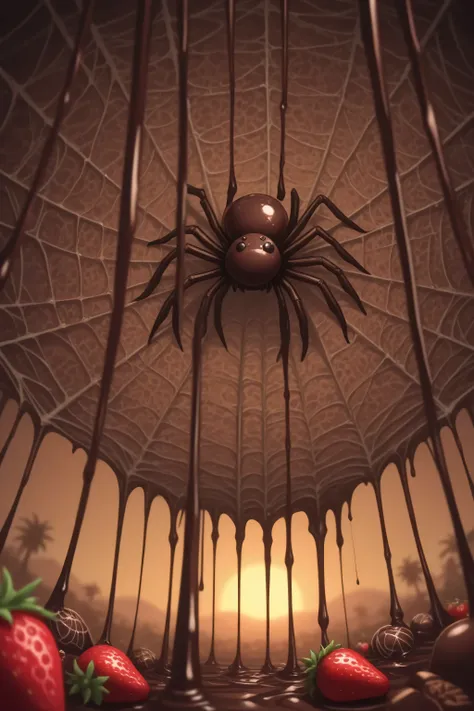 Extreme view from below, projected from the table, a spider made of chocolate sits on a web of chocolate threads and eats strawberries. Drops of liquid chocolate drip from the spider. looks yummy. Light comes in through the windows and falls on the creatur...