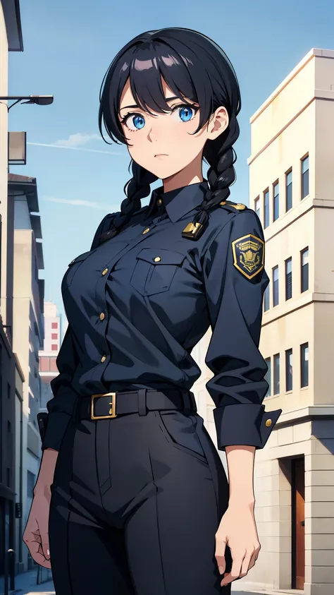 (high quality,  breathtaking ),(expressive eyes, Perfect face) portrait, 1 girl, woman, One, adult, Age 20, black hair, blue eye color, average hair length, I look at the viewer, calm facial expression, police officer,  police uniform , height 4 "3, police...