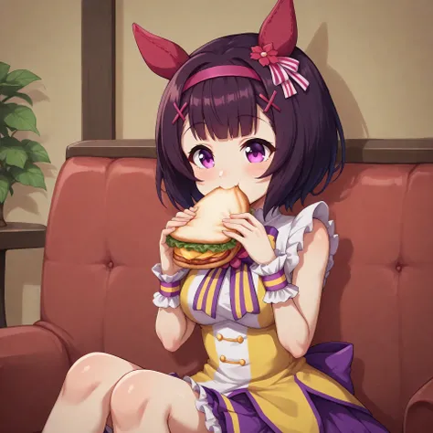 anime, lazypos, dark, high colorfulness, vibrant colors, 1girl, solo, in dormitory, sitting on couch, eating sandwich, nishino flower \(umamusume\), nfdef, (white striped hair ornament), purple hair, ear covers, hairpin, hair band, sleeveless dress, wrist ...