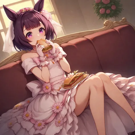 anime, lazypos, dark, high colorfulness, vibrant colors, 1girl, solo, in dormitory, sitting on couch, eating sandwich, nishino flower \(umamusume\), nfwed, single ear cover, purple hair, pearl necklace, wedding dress, off-shoulder dress, jewelry, wrist cu...