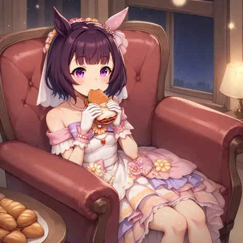 anime, lazypos, dark, high colorfulness, vibrant colors, 1girl, solo, in dormitory, sitting on couch, eating sandwich, nishino flower \(umamusume\), nfwed, single ear cover, purple hair, pearl necklace, wedding dress, off-shoulder dress, jewelry, wrist cu...