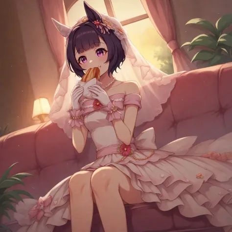 anime, lazypos, dark, high colorfulness, vibrant colors, 1girl, solo, in dormitory, sitting on couch, eating sandwich, nishino flower \(umamusume\), nfwed, single ear cover, purple hair, pearl necklace, wedding dress, off-shoulder dress, jewelry, wrist cu...