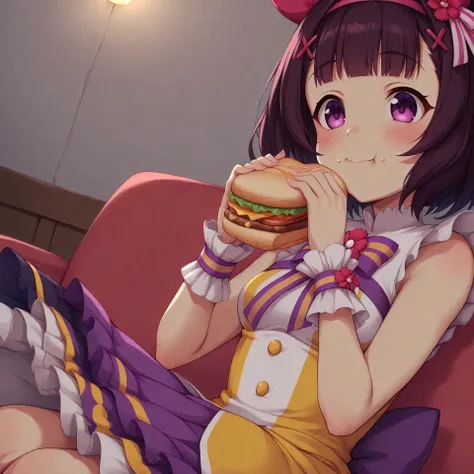 anime, lazypos, dark, high colorfulness, vibrant colors, 1girl, solo, in dormitory, sitting on couch, eating sandwich, nishino flower \(umamusume\), nfdef, (white striped hair ornament), purple hair, ear covers, hairpin, hair band, sleeveless dress, wrist ...