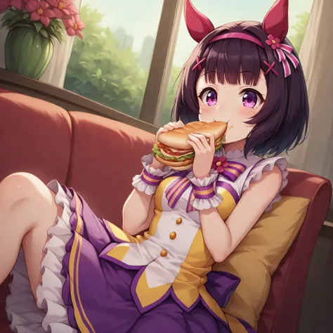 anime, lazypos, dark, high colorfulness, vibrant colors, 1girl, solo, in dormitory, sitting on couch, eating sandwich, nishino flower \(umamusume\), nfdef, (white striped hair ornament), purple hair, ear covers, hairpin, hair band, sleeveless dress, wrist ...
