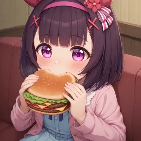anime, lazypos, dark, high colorfulness, vibrant colors, 1girl, solo, in dormitory, sitting on couch, eating sandwich, nishino flower \(umamusume\), nfcas, hairband, white striped hair ornament, hairpin, purple hair, casual, pink jacket, blue dress,