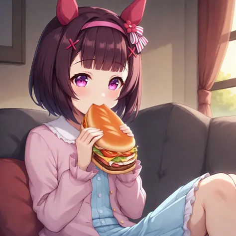 anime, lazypos, dark, high colorfulness, vibrant colors, 1girl, solo, in dormitory, sitting on couch, eating sandwich, nishino flower \(umamusume\), nfcas, hairband, white striped hair ornament, hairpin, purple hair, casual, pink jacket, blue dress,