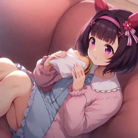anime, lazypos, dark, high colorfulness, vibrant colors, 1girl, solo, in dormitory, sitting on couch, eating sandwich, nishino flower \(umamusume\), nfcas, hairband, white striped hair ornament, hairpin, purple hair, casual, pink jacket, blue dress,