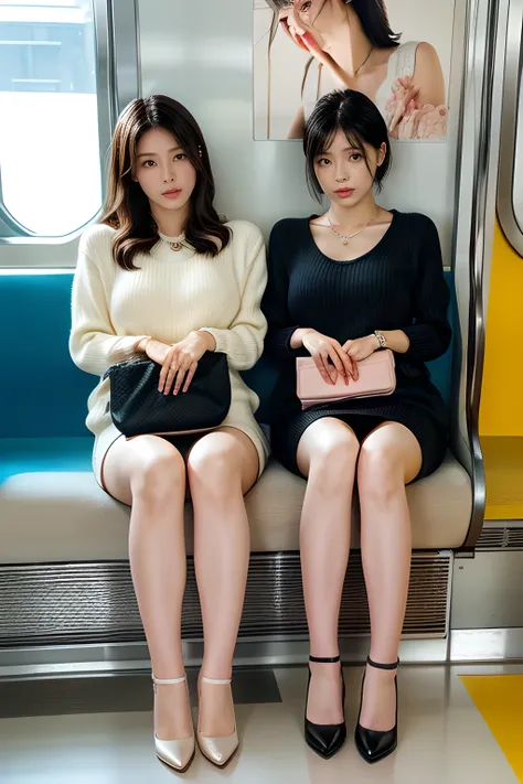 電車の座席にsit downいる、full body image of a tall and beautiful woman, ((sit down、Little sister with only a sweater )), Age 35, (white knee-length long pencil skirt taken from an angle on the opposite side of the seat), (luxury clutch bag), Facing Her Face, very ...