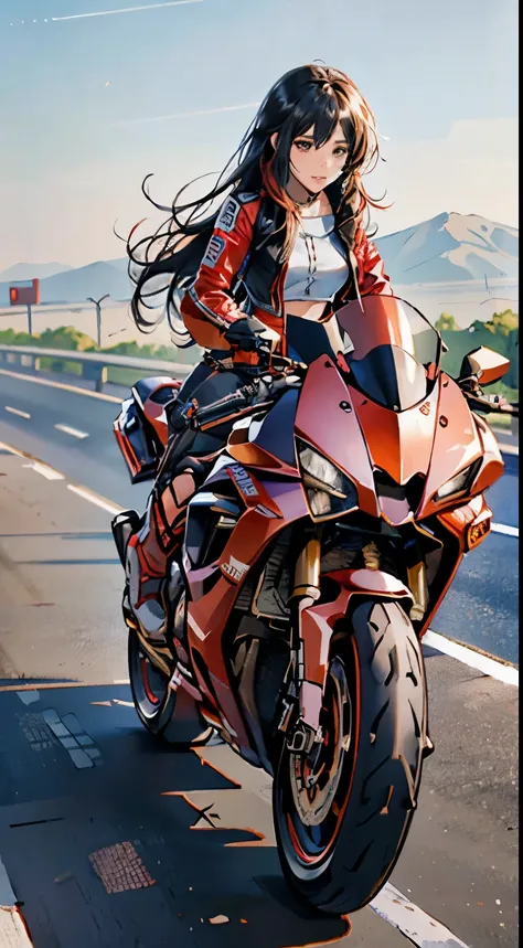 (Best Quality,4K,High resolution), high-level image quality、High quality pixels、Resolution up、Female rider riding motorcycle on national highway、Intricately decorated red rider jacket、Navel Ejection、Tight leather pants、cross belt、Long hair with red highlig...