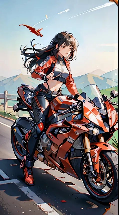(Best Quality,4K,High resolution), high-level image quality、High quality pixels、Resolution up、Female rider riding motorcycle on national highway、Intricately decorated red rider jacket、Navel Ejection、Tight leather pants、cross belt、Long hair with red highlig...