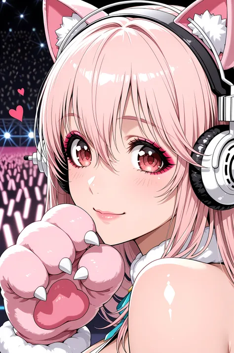 1girl, super sonico, close-up portrait, female, woman, fair skin,Shiny skin,pink lips, ((idol costume)),concert background,one hand,heart,depth of field,slight smile,looking at viewer,from the side, fake animal ears, pink cat ears, animal hand, large pink ...