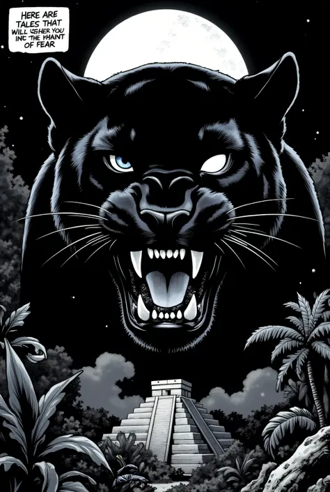 Realistic style image with an American comic book aesthetic. Black and white. Defined borders, cinematic shots, and high chiaroscuro contrasts. Proposal for a softcover, stapled comic book cover, a tribute to classic 1970s horror comics. Vertical compositi...