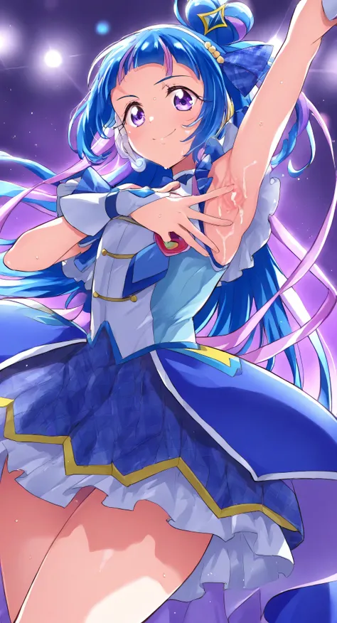 masterpiece, Highest Quality, Newest, That's ridiculous, CG, anime, source anime, [illustration],,( 1girl :1.5),(Alone:1.5),,  cure ink , kimi to Idol precure, (blue hair:1.1), Magical Girl, mini crown, purple eyes, blue dress, Slanted Hat , Long Hair, dul...