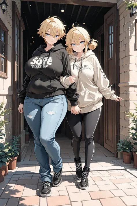!full body, (masterpiece) , highest quality , score_9 , score_8_up , score_7_up , score_6_up , score_5_up , score_4_up ,Masterpiece, highres, high quality, 1girl, tall obese girl, smakk breasts, she's wearing a hoodie and jeans, ((she's protecting her litt...
