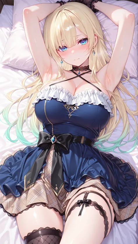 solo,masterpiece,best quality,super fine illustration、finely detail 、clear picture、UHD、HDR, amazing quality, highres, absurdres, very aesthetic, high resolution, ultra detailed, perfect details,vspoema,large breasts,blue eyes,blonde hair,gradient hair,long...