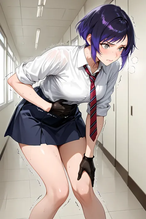 reina mishima, solo, short hair, shirt, gloves, purple hair,gray eyes, school uniform, white shirt, collared shirt, navy skirt, short skirt, short sleeves, sleeves rolled up, red necktie, striped necktie, untucked shirt, general, masterpiece, highres, ultr...