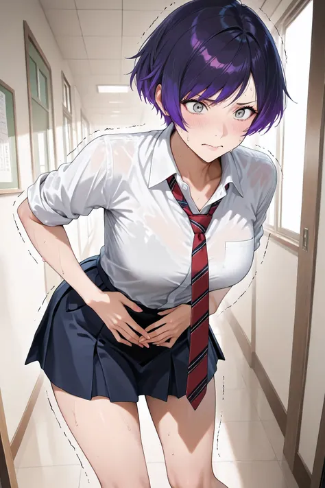reina mishima, solo, short hair, shirt, purple hair,gray eyes, school uniform, white shirt, collared shirt, navy skirt, short skirt, short sleeves, sleeves rolled up, red necktie, striped necktie, untucked shirt, general, masterpiece, highres, ultra-detai...