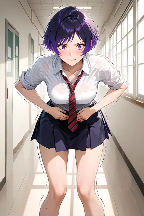 reina mishima, solo, short hair, shirt, purple hair, purple eyes, school uniform, white shirt, collared shirt, navy skirt, short skirt, short sleeves, sleeves rolled up, red necktie, striped necktie, untucked shirt, general, masterpiece, highres, ultra-de...