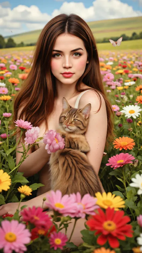  highdefinition images,8k、solo、 beautiful girl、Brown Cat、makeup、Cheek、lipstick、 red lips、 portraits、realistic、beautiful eyes、viewers next to him、Painting、butterfly、In a colorful flower field。