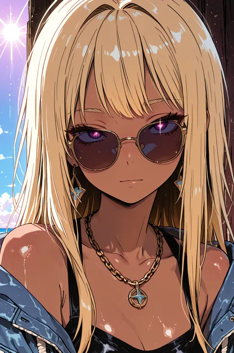high resolution , 非常にhigh resolution , very bright,Strong Light、Asahi、anime coloring 、portrait,Blonde ,Gal、slanted eyes,shiny skin、 beautiful long haired 、cool、tall girl、Dark skin、port、 Wharf 、sunglasses for men、summer,punk style、Jacket、sexy、small necklace...