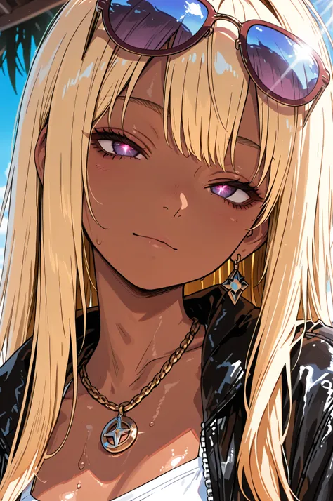 high resolution , 非常にhigh resolution , very bright,Strong Light、Asahi、anime coloring 、portrait,Blonde ,Gal、slanted eyes,shiny skin、 beautiful long haired 、cool、tall girl、Dark skin、port、 Wharf 、sunglasses for men、summer,punk style、Jacket、sexy、small necklace...