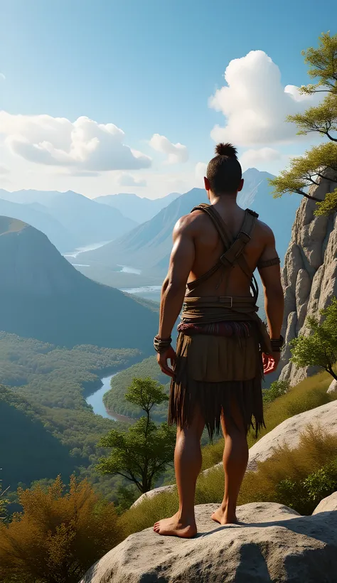 Safe Image Work, 

(Realistic ultra intricately natural landscape),during primitive era,the primitive tribe human,the male tribe warrior, he is wearing simple primitive leather armor, summer season on the scenery,,(perfectly shapelfull body|cinematic dynam...